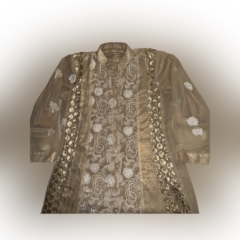 Elegant  Kurta Set Beige and Gold Embroidered Dress with Pants and Dupatta - Picture 2 of 9